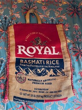 Royal Basmati Rice Burlap Tote Bag - Red, Natural, Navy